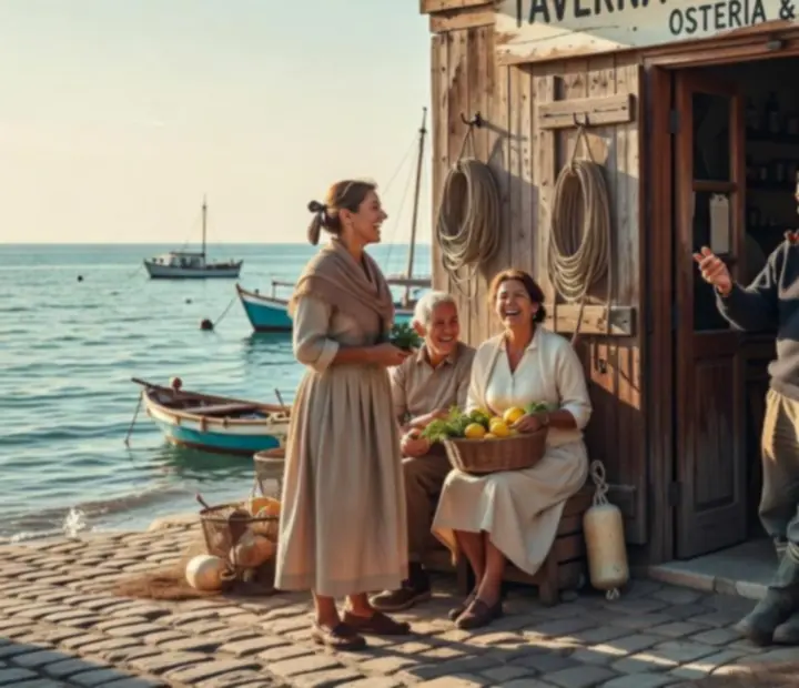 Interior de un bistró costero mediterráneo en España con barra de mariscos y detalles náuticos.