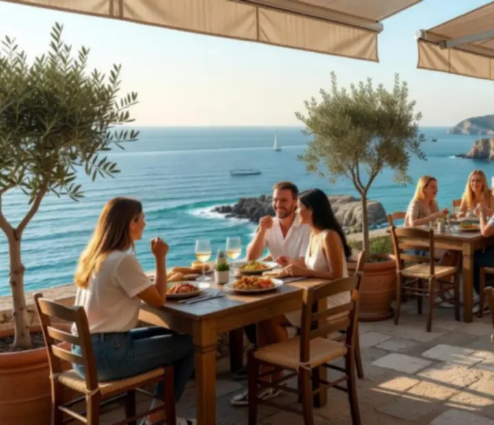 Terraza soleada de bistró mediterráneo con mesas de madera y ambiente animado.