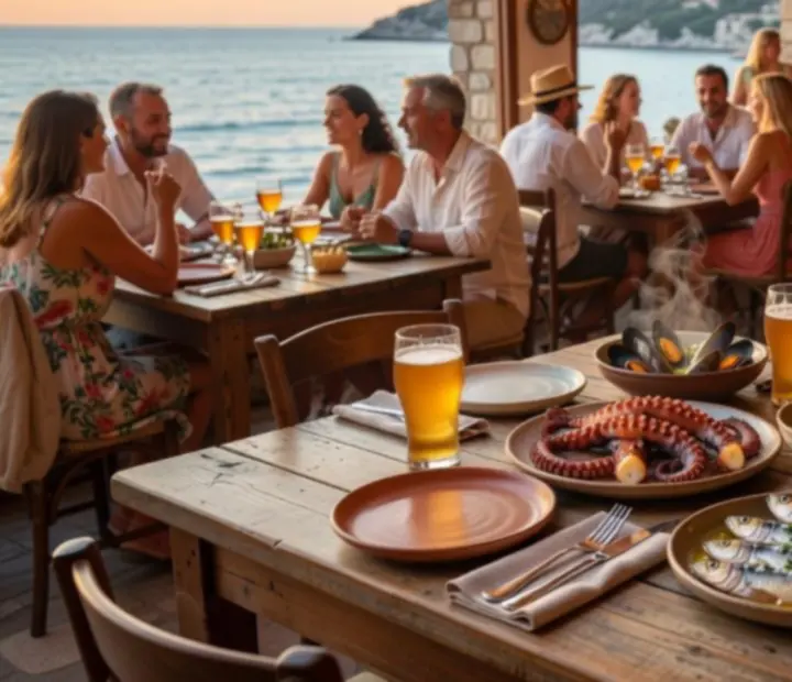 Mesas de bistró con vajilla minimalista y ambiente mediterráneo
