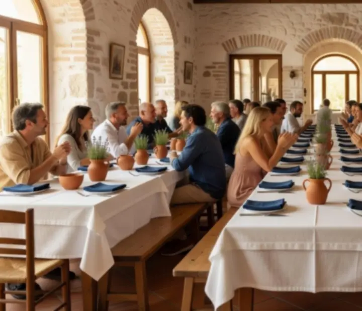 Montaje de mesas comunales preparado para un grupo numeroso en un salón mediterráneo.