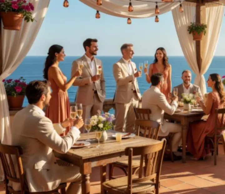 Boda íntima en terraza costera con decoración mediterránea y mesa preparada.
