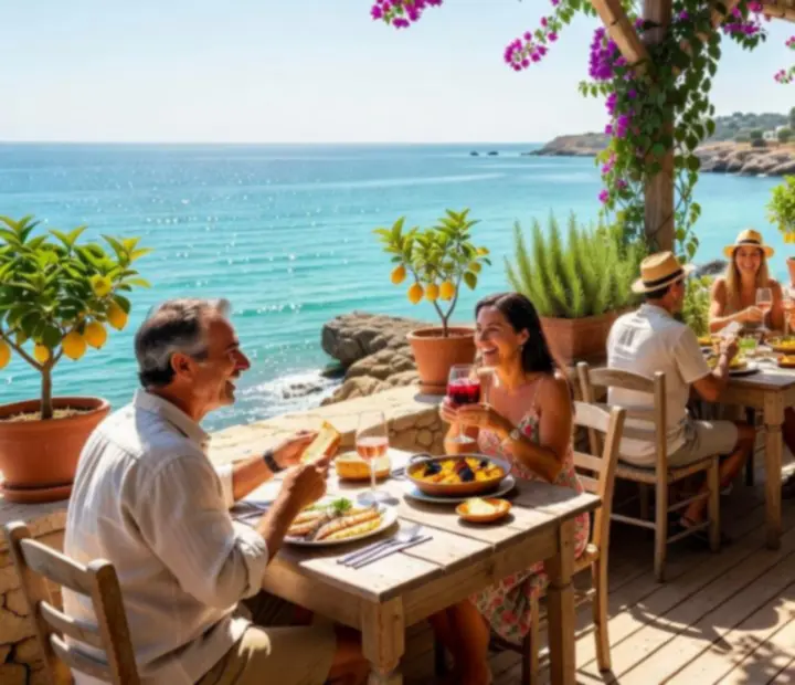 Terraza mediterránea de Fichasytenedor con mesas de madera y ambiente soleado