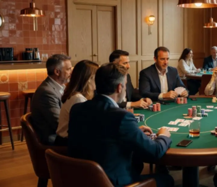 Torneo de poker en directo con jugadores concentrados alrededor de la mesa