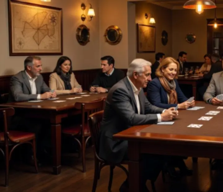 Salón privado de póker con mesas de madera y ambiente íntimo.
