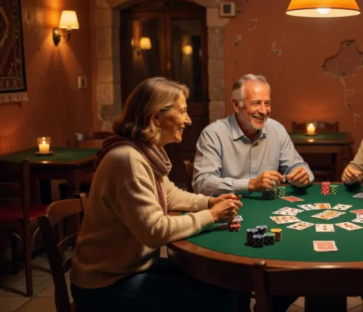 Jugadores de póker disfrutando de una partida social en el salón de cartas de Fichasytenedor