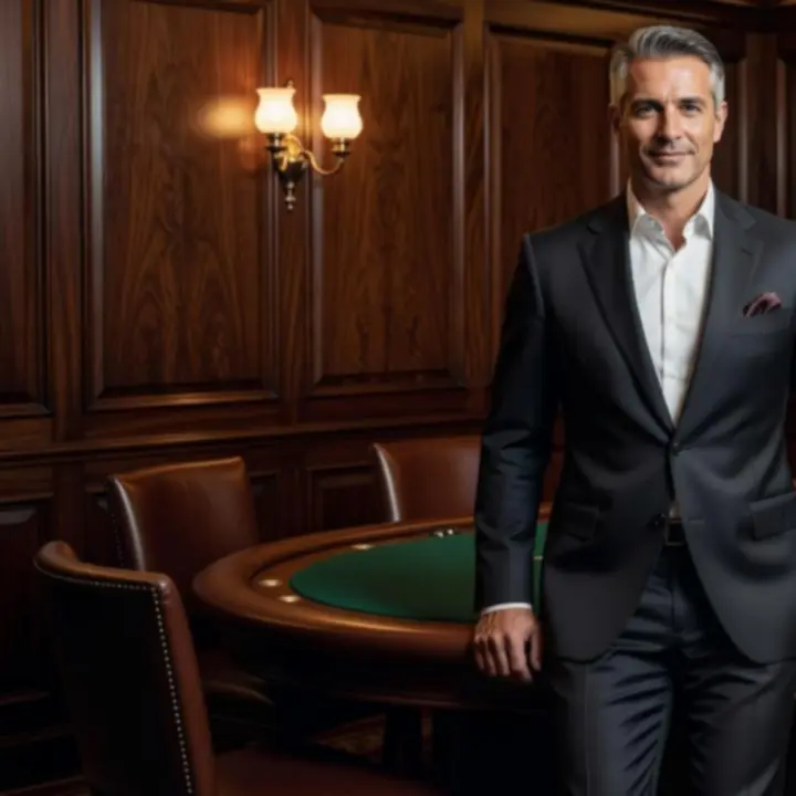Responsable del poker lounge supervisando una mesa en ambiente acogedor