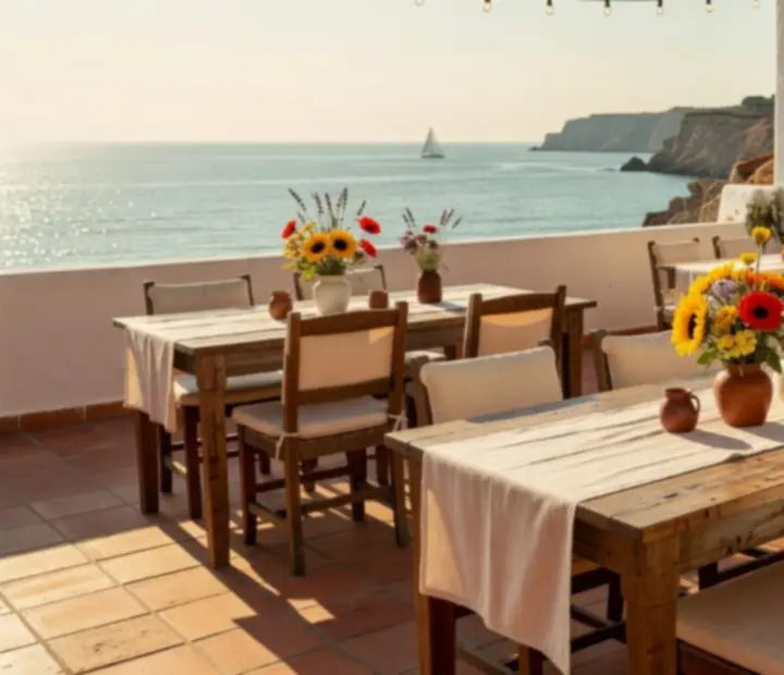 Terraza mediterránea preparada para un evento privado con mesas de madera y luz natural.