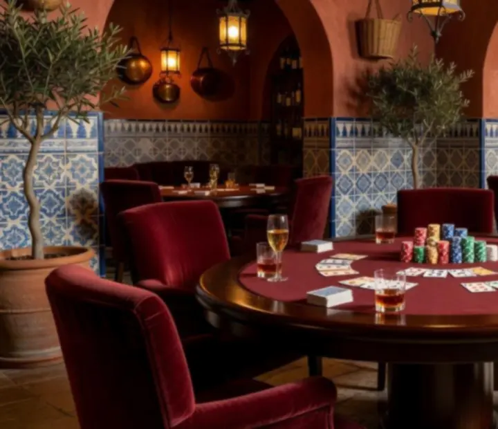 Grupo de personas jugando al poker en una sala privada con ambiente de lounge.