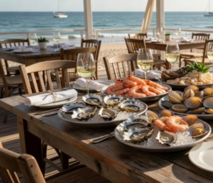 Mesa larga con banquete de mariscos frescos y platos compartidos.