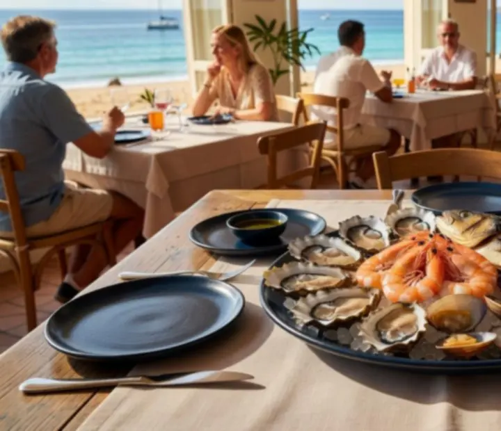 Bandeja de mariscos frescos servida en terraza mediterránea