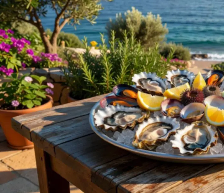 Bandeja de mariscos frescos servida en la terraza soleada de Fichasytenedor