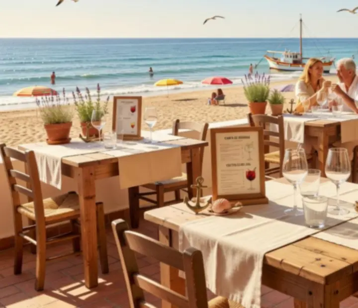 Terraza soleada de Fichasytenedor con mesas de madera y carta de bebidas sobre la mesa.